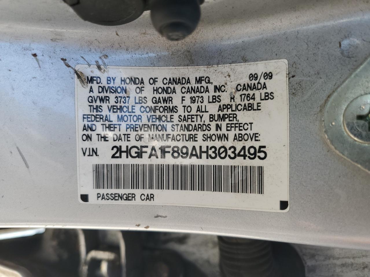 2010 Honda Civic Ex VIN: 2HGFA1F89AH303495 Lot: 62126785