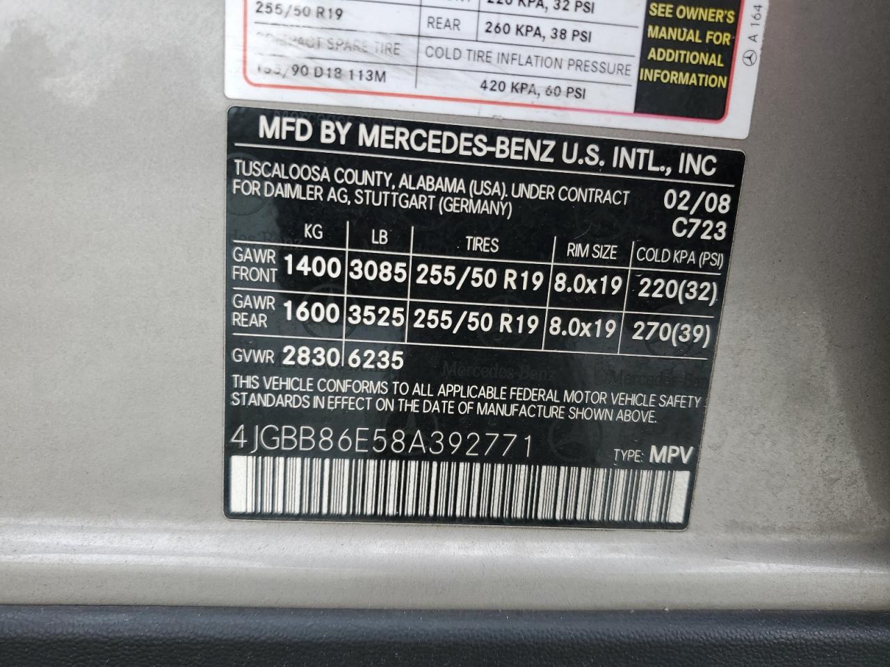2008 Mercedes-Benz Ml 350 VIN: 4JGBB86E58A392771 Lot: 60799915