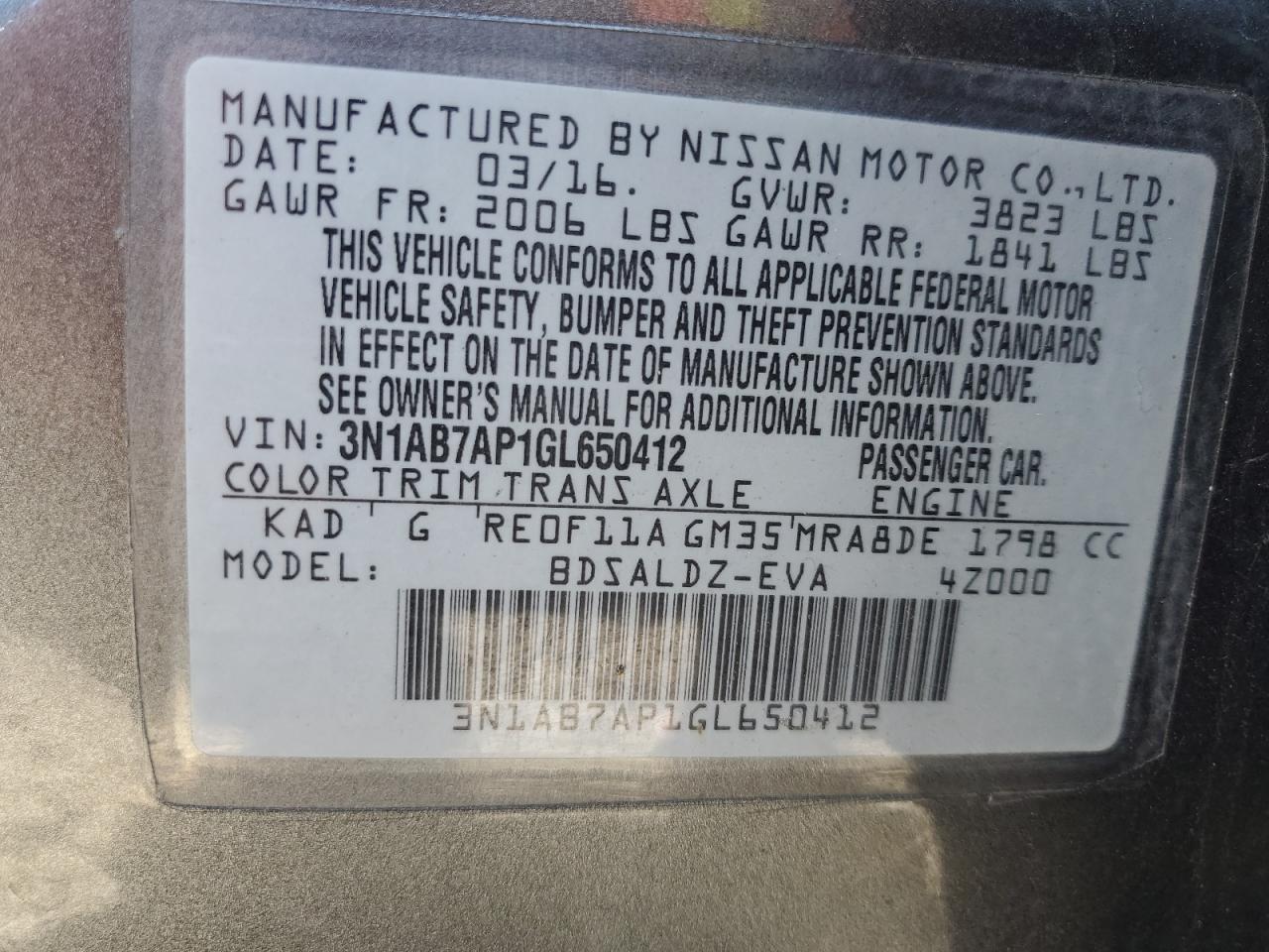 2016 Nissan Sentra S VIN: 3N1AB7AP1GL650412 Lot: 62941675