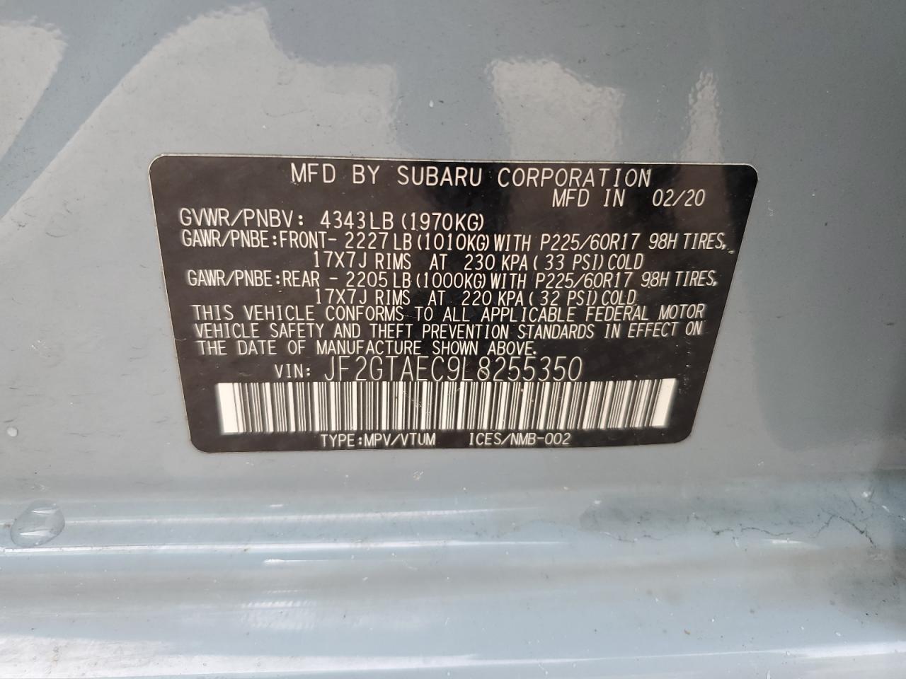 2020 Subaru Crosstrek Premium VIN: JF2GTAEC9L8255350 Lot: 60479935