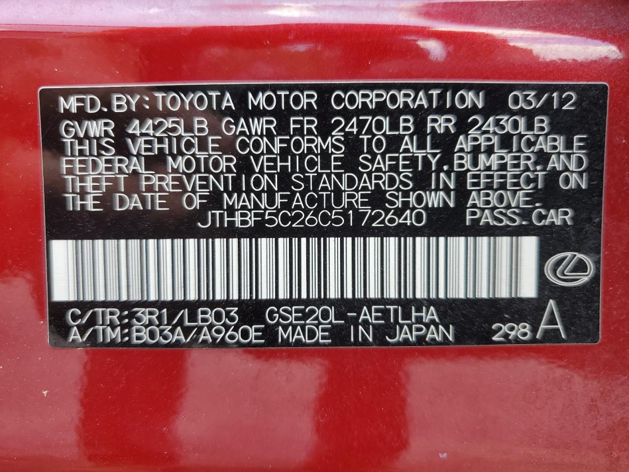 2012 Lexus Is 250 VIN: JTHBF5C26C5172640 Lot: 62362815