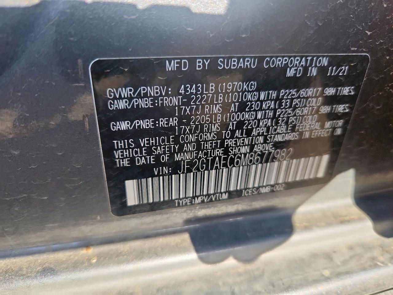 2021 Subaru Crosstrek Premium VIN: JF2GTAEC6M8677982 Lot: 60833995