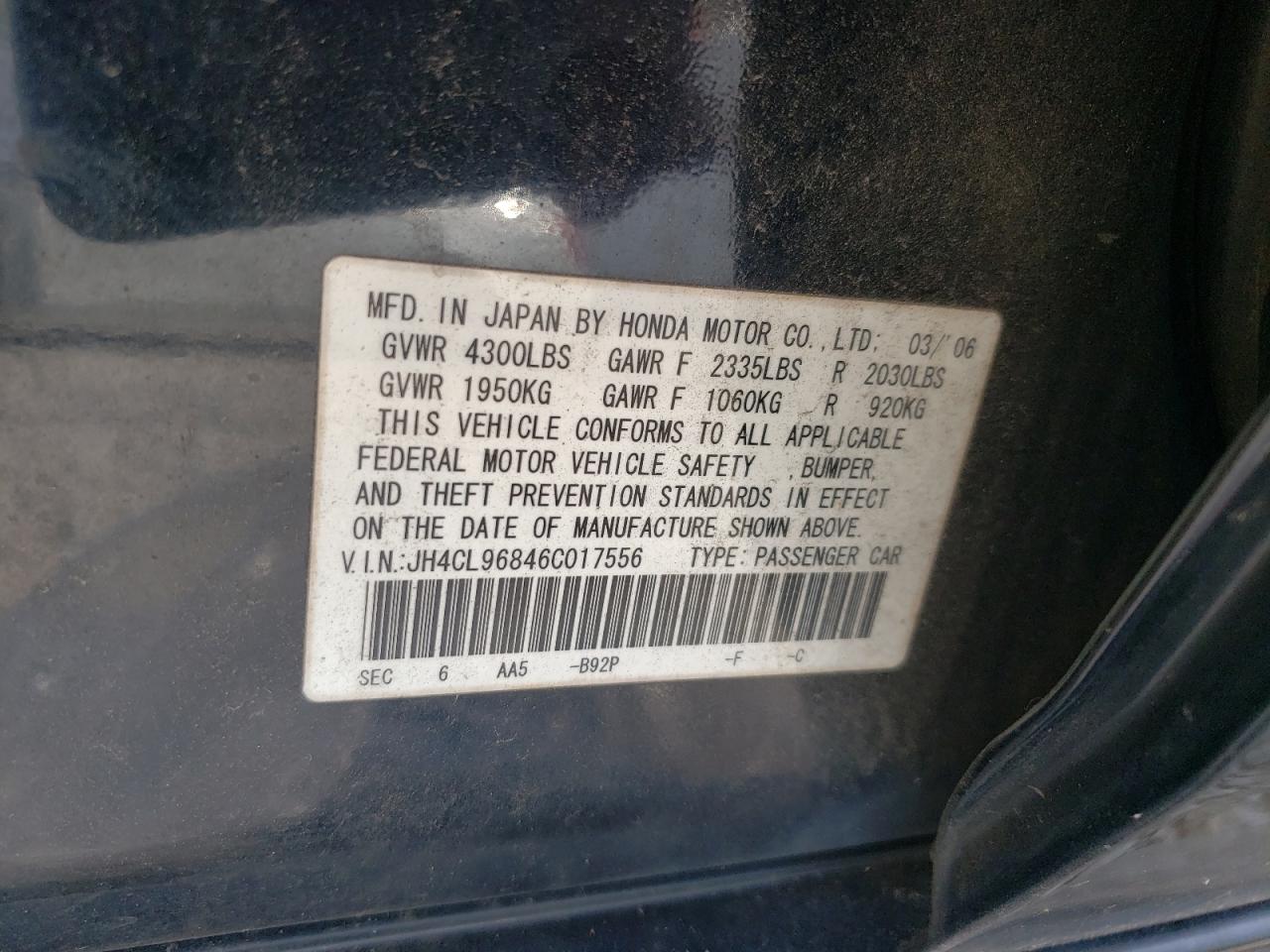 2006 Acura Tsx VIN: JH4CL96846C017556 Lot: 62270225