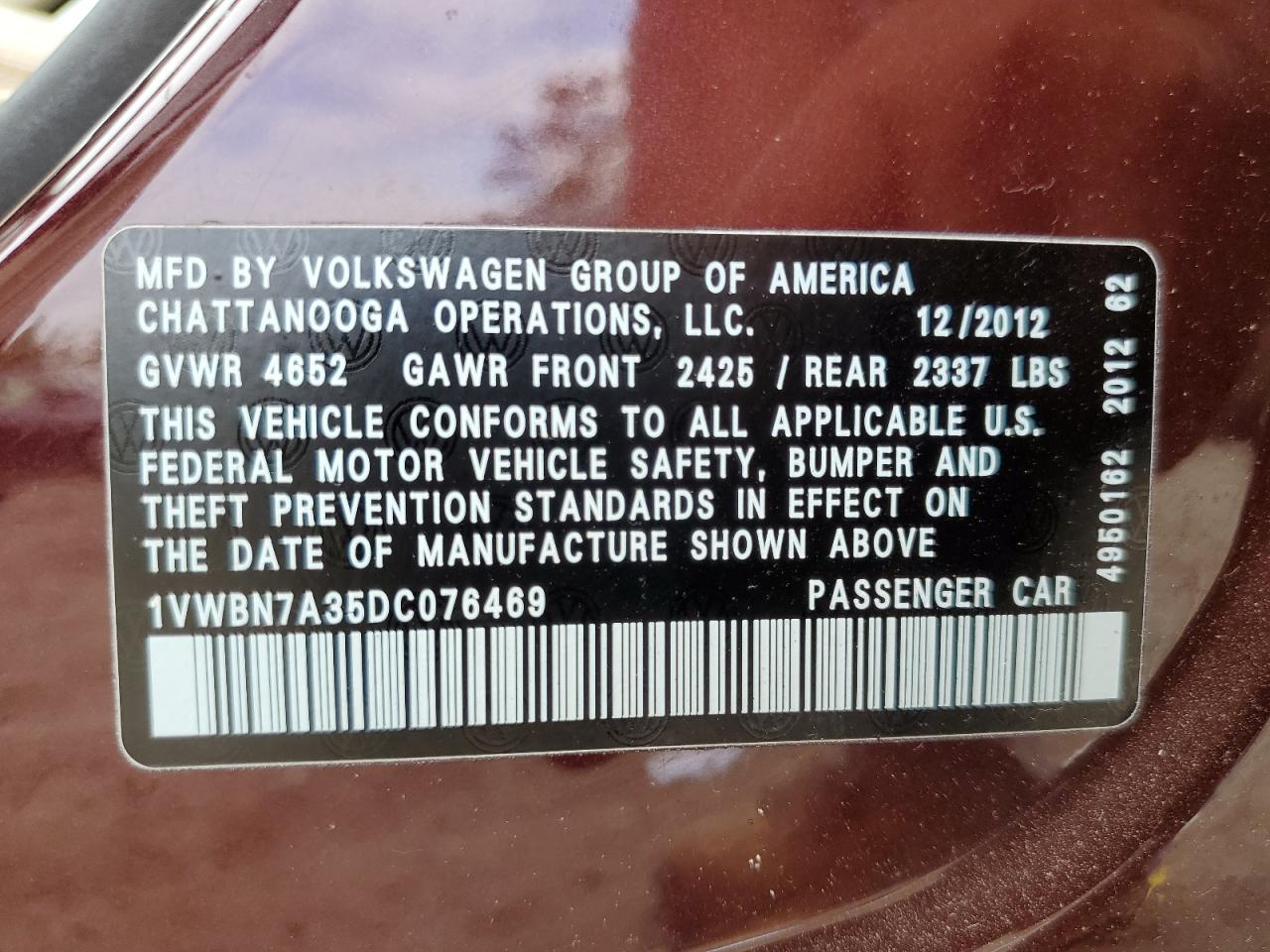 2013 Volkswagen Passat Se VIN: 1VWBN7A35DC076469 Lot: 61128015