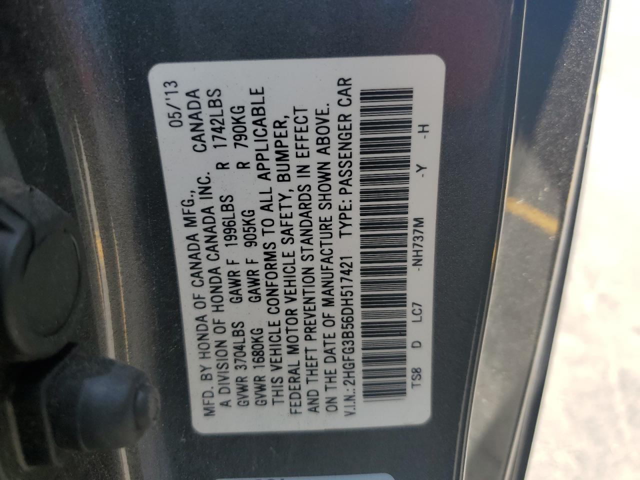 2hgfg3b56dh517421 2HGFG3B56DH517421 2013 Honda Civic Lx