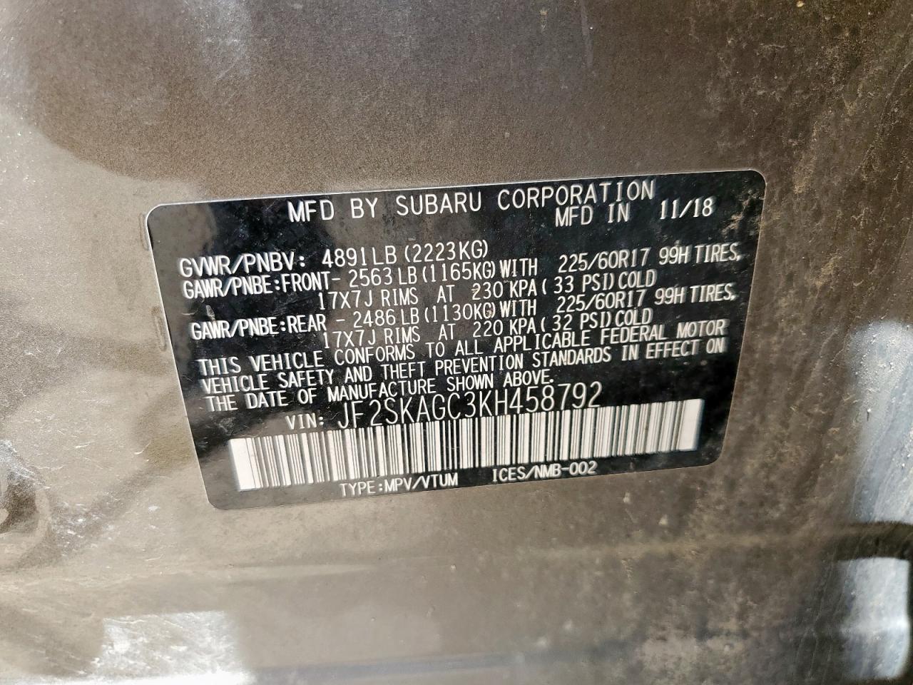 2019 Subaru Forester Premium VIN: JF2SKAGC3KH458792 Lot: 61607705