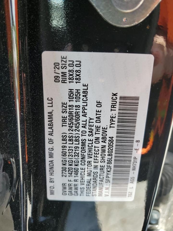 2020 Honda Ridgeline Black Edition VIN: 5FPYK3F86LB020584 Lot: 62712545