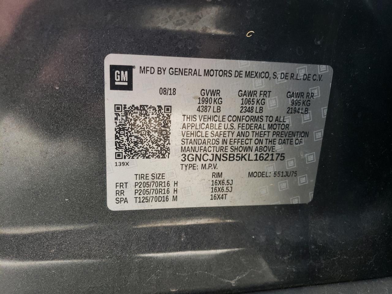 2019 Chevrolet Trax Ls VIN: 3GNCJNSB5KL162175 Lot: 62055785