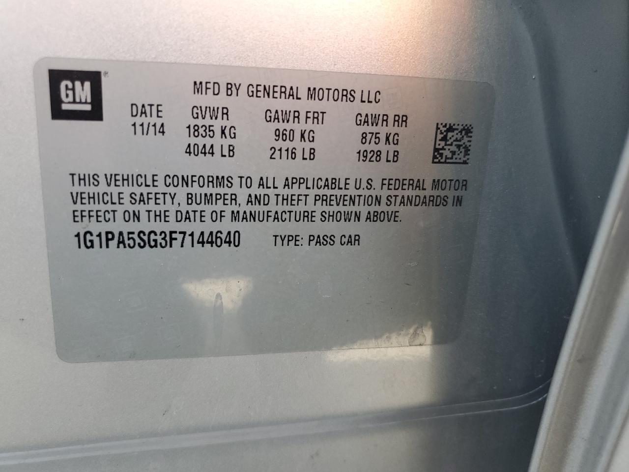 CHEVROLET CRUZE 2015 VIN 1G1PA5SG3F7144640 фото 12