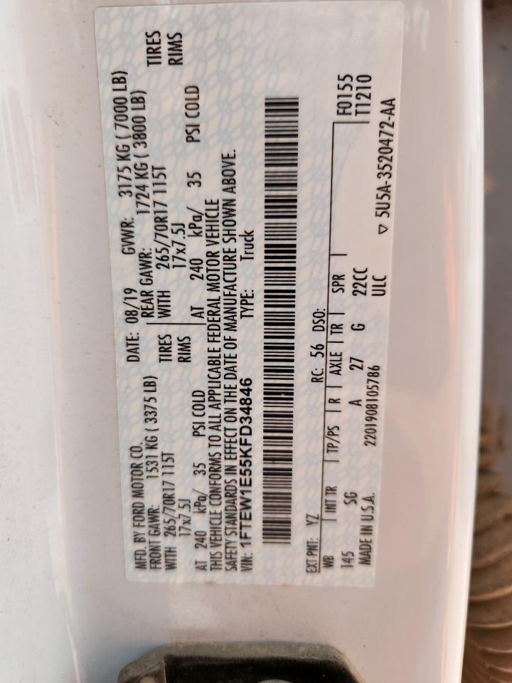 2019 Ford F150 Supercrew VIN: 1FTEW1E55KFD34846 Lot: 62165185