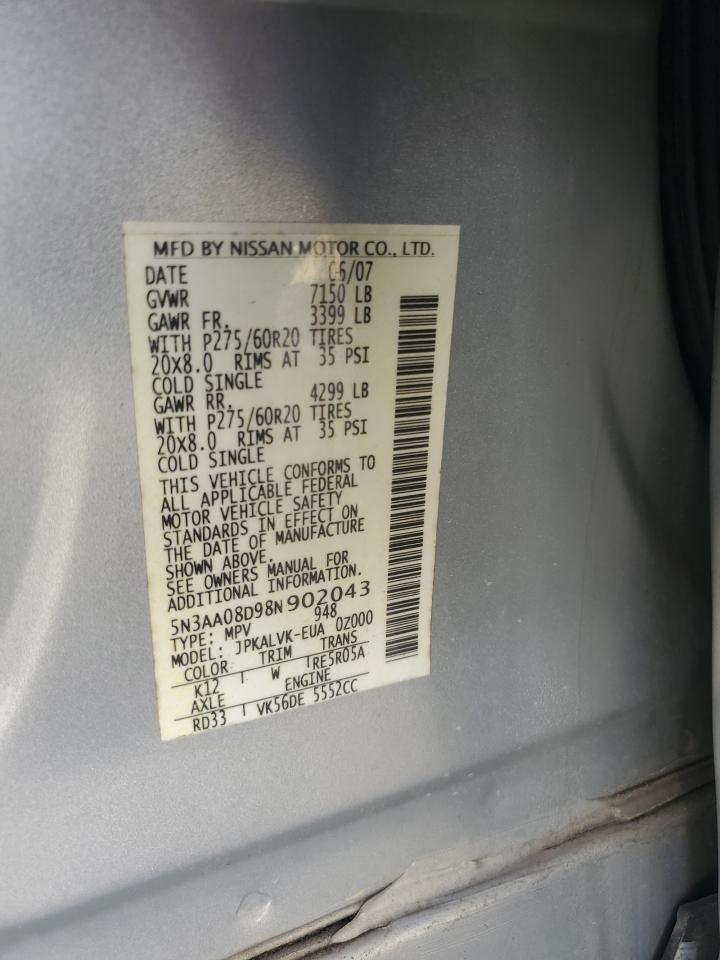 2008 Infiniti Qx56 VIN: 5N3AA08D98N902043 Lot: 62360365