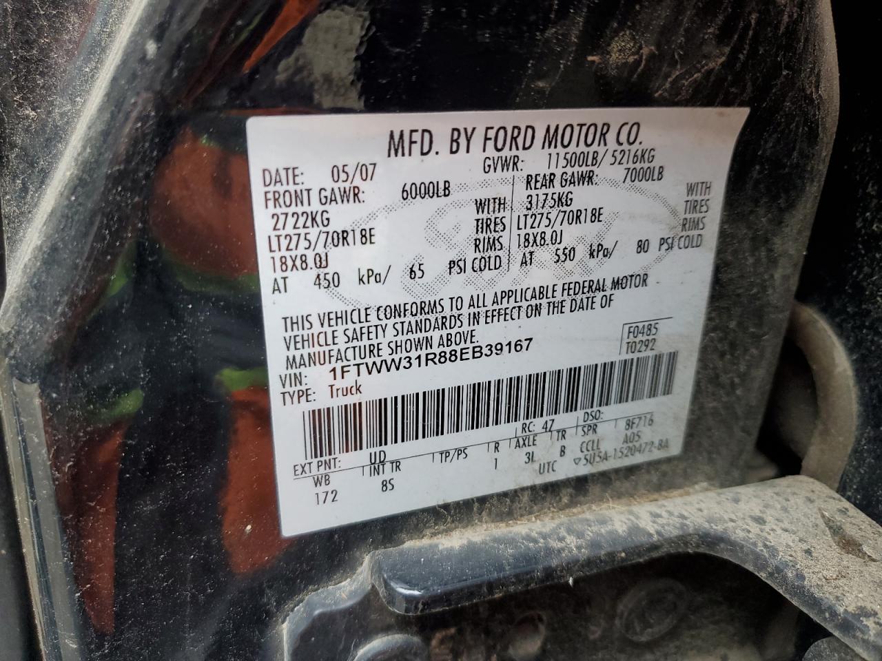 2008 Ford F350 Srw Super Duty VIN: 1FTWW31R88EB39167 Lot: 62072045