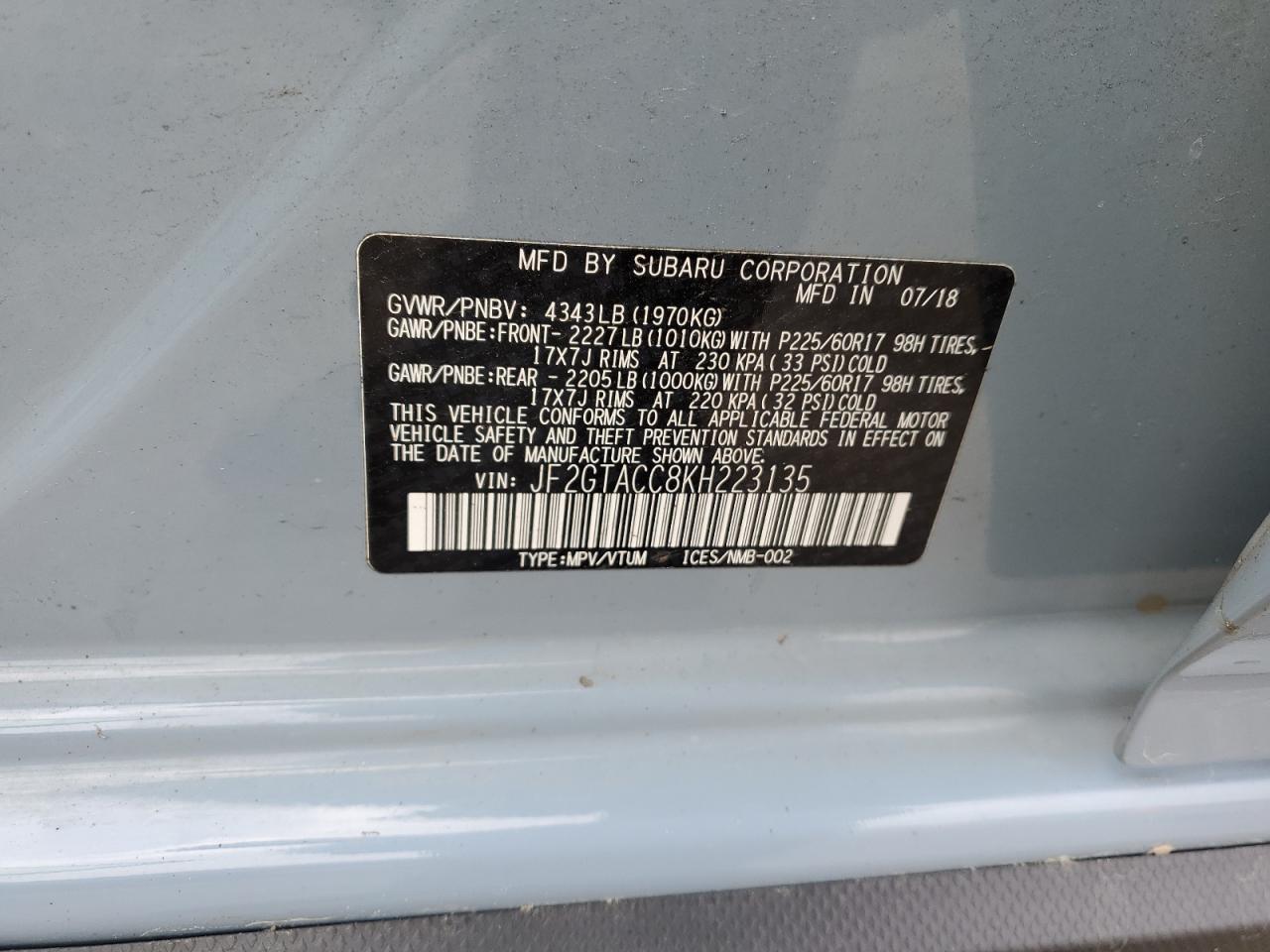 2019 Subaru Crosstrek Premium VIN: JF2GTACC8KH223135 Lot: 60626495