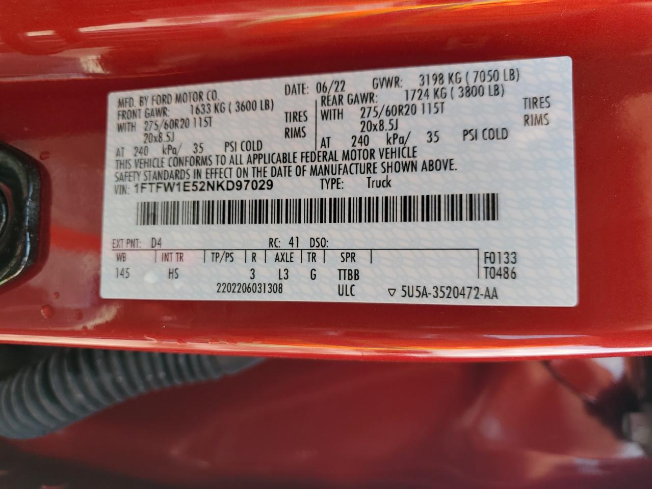 2022 Ford F150 Supercrew VIN: 1FTFW1E52NKD97029 Lot: 60269035
