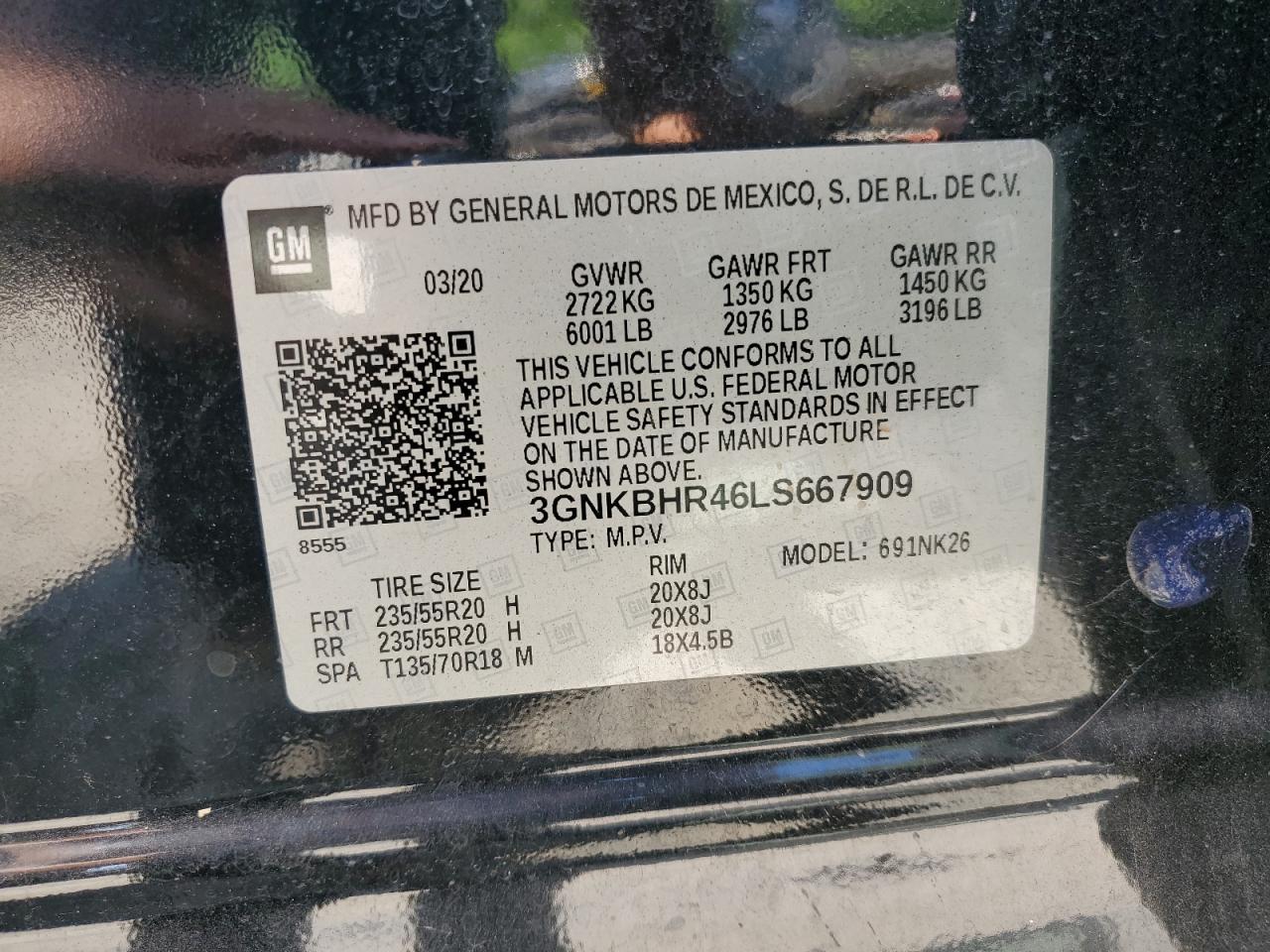 2020 Chevrolet Blazer 2Lt VIN: 3GNKBHR46LS667909 Lot: 62028905