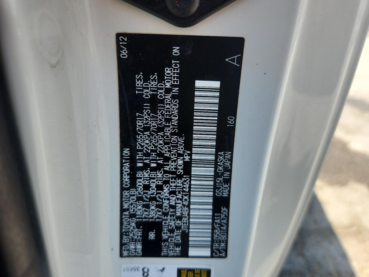 2012 Toyota Fj Cruiser VIN: JTEBU4BF4CK144631 Lot: 62085025
