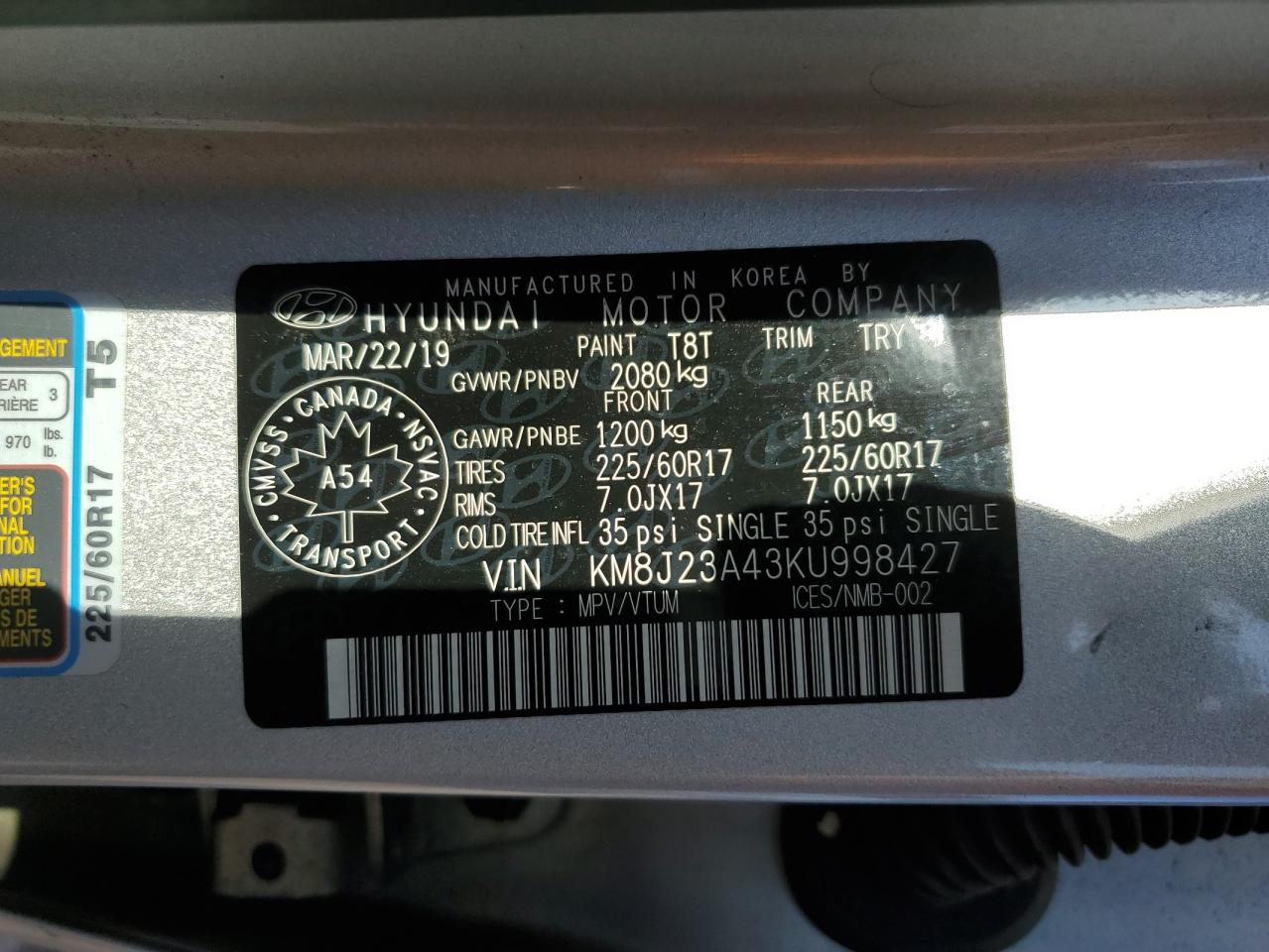 2019 Hyundai Tucson Se VIN: KM8J23A43KU998427 Lot: 62648285