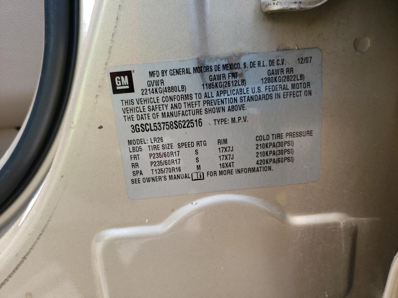 2008 Saturn Vue Xr VIN: 3GSCL53758S622516 Lot: 61445705