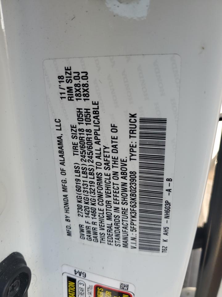 2019 Honda Ridgeline Rtl VIN: 5FPYK3F63KB023908 Lot: 62345725