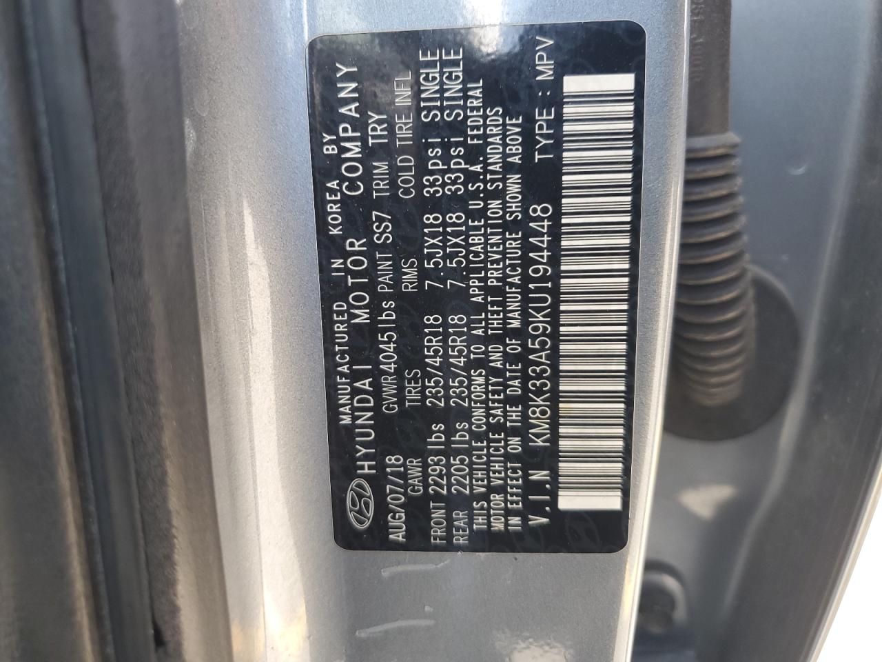 2019 Hyundai Kona Limited VIN: KM8K33A59KU194448 Lot: 62004605