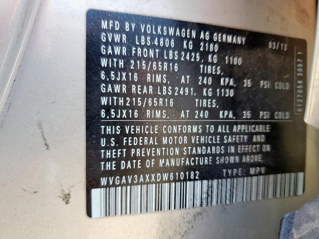 2013 Volkswagen Tiguan S VIN: WVGAV3AXXDW610182 Lot: 60144945
