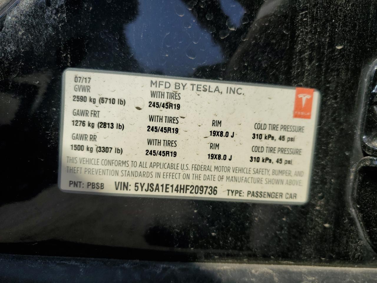2017 Tesla Model S VIN: 5YJSA1E14HF209736 Lot: 62951675