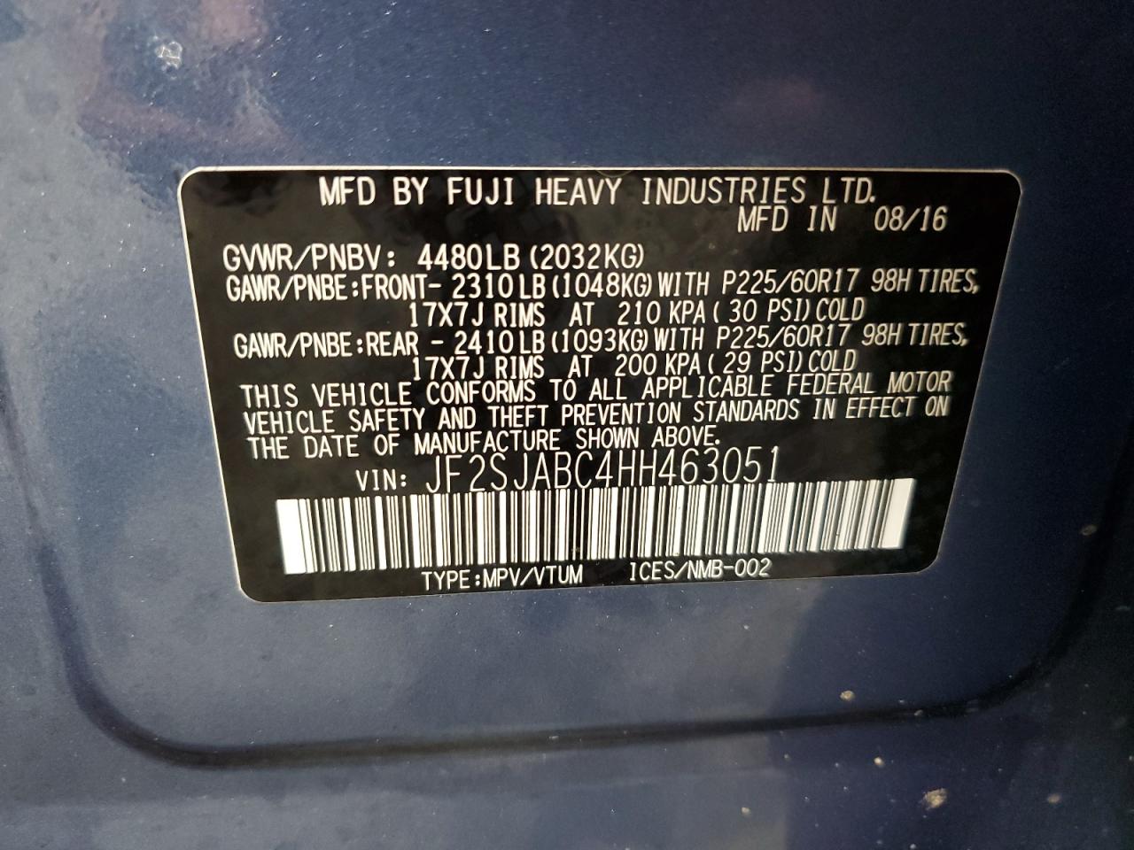 2017 Subaru Forester 2.5I VIN: JF2SJABC4HH463051 Lot: 59321775