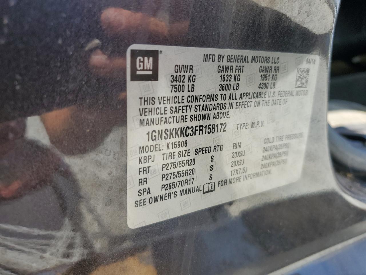 2015 Chevrolet Suburban K1500 Ltz VIN: 1GNSKKKC3FR158172 Lot: 62030195