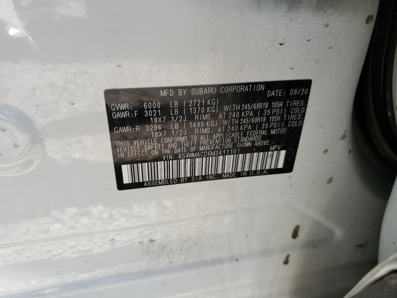 2021 Subaru Ascent Premium VIN: 4S4WMACD6M3411101 Lot: 62327585