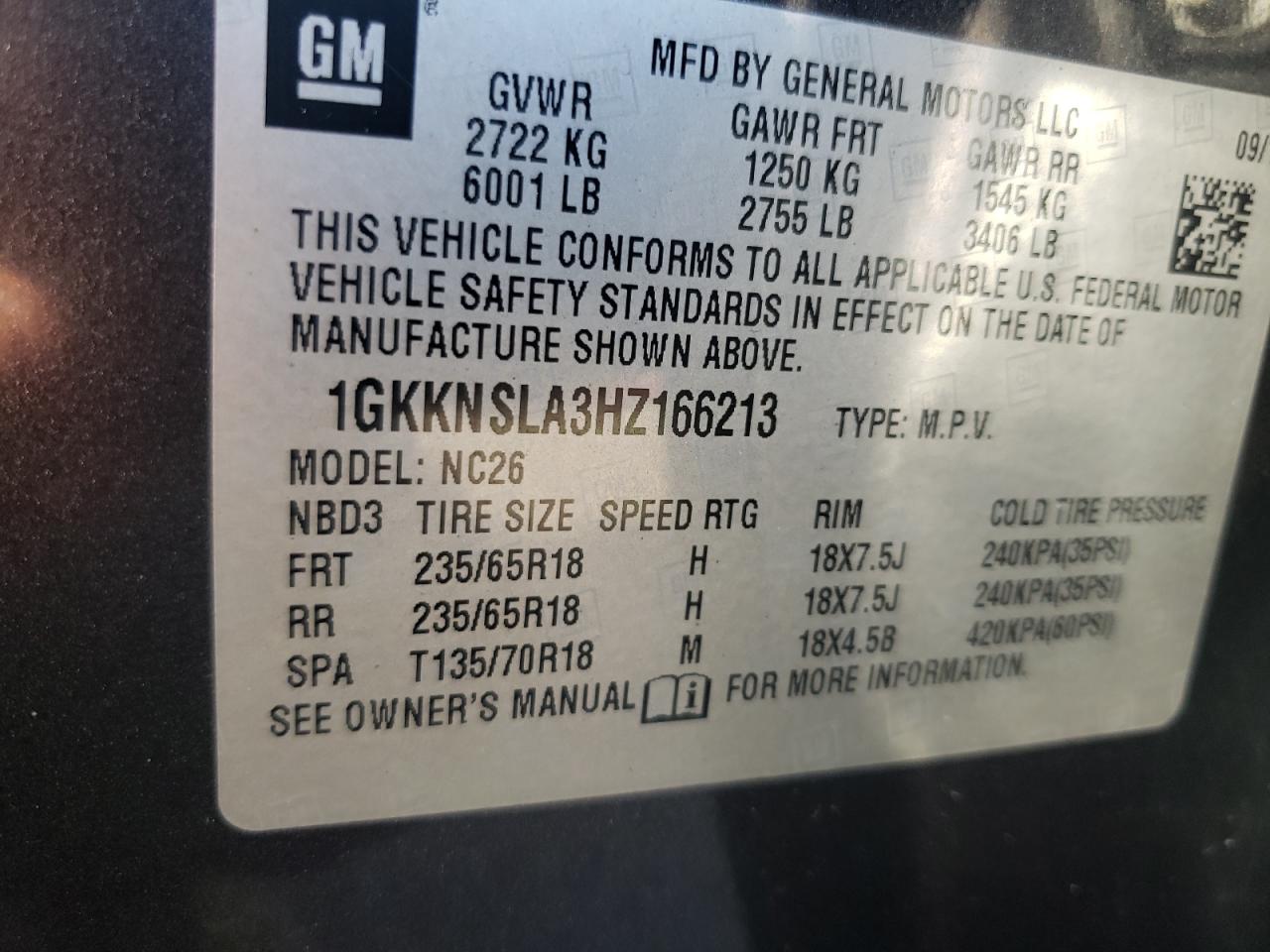 2017 GMC Acadia Sle VIN: 1GKKNSLA3HZ166213 Lot: 61865255