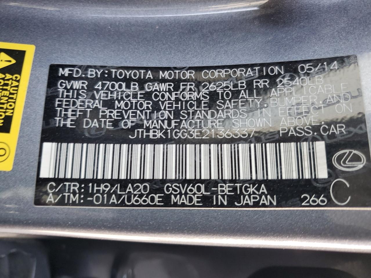 2014 Lexus Es 350 VIN: JTHBK1GG3E2136337 Lot: 62382325