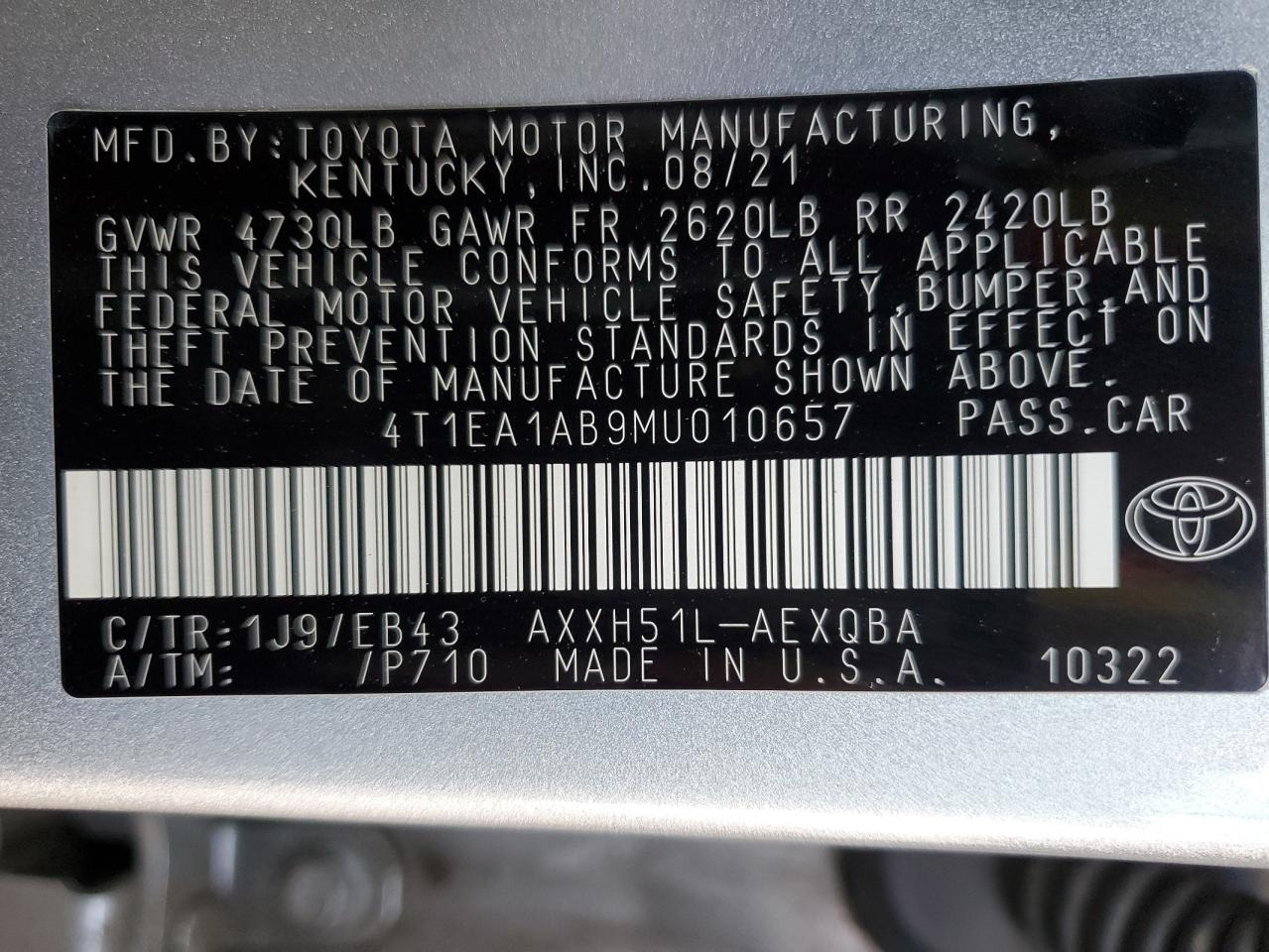 2021 Toyota Avalon Xse VIN: 4T1EA1AB9MU010657 Lot: 59579985
