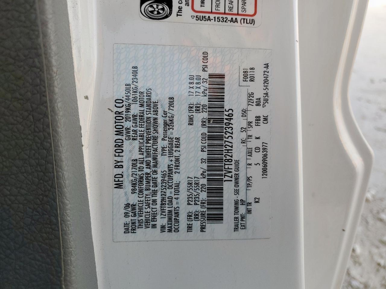 2007 Ford Mustang Gt VIN: 1ZVFT82H275239465 Lot: 62027085