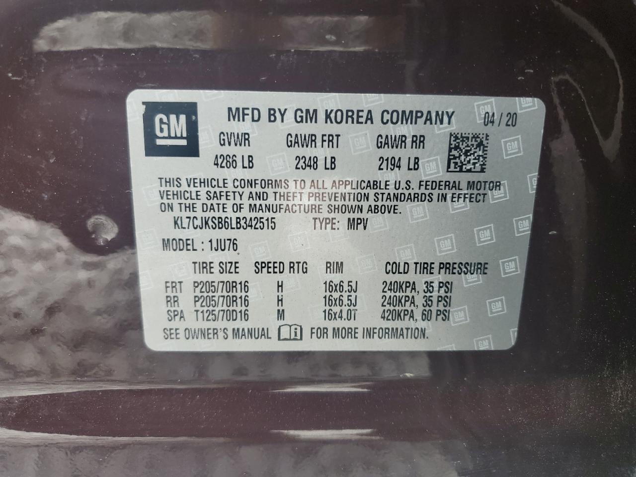 2020 Chevrolet Trax Ls VIN: KL7CJKSB6LB342515 Lot: 59234525