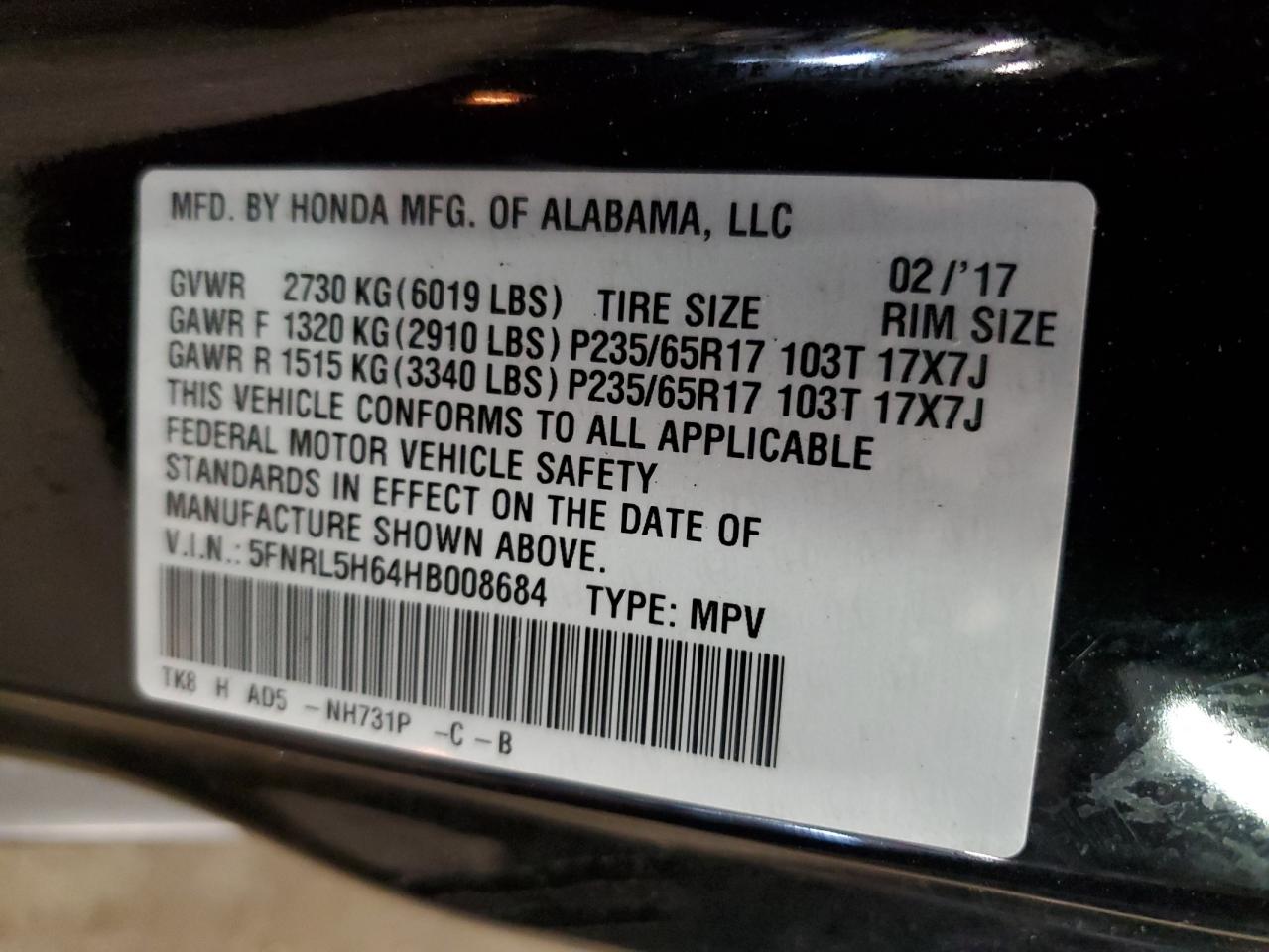 HONDA All Models 2017 VIN 5FNRL5H64HB008684 photo 13