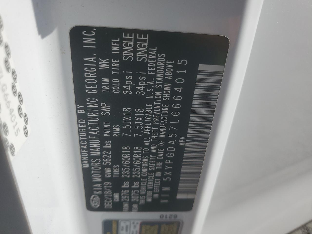 2020 Kia Sorento S VIN: 5XYPGDA57LG664015 Lot: 61011665