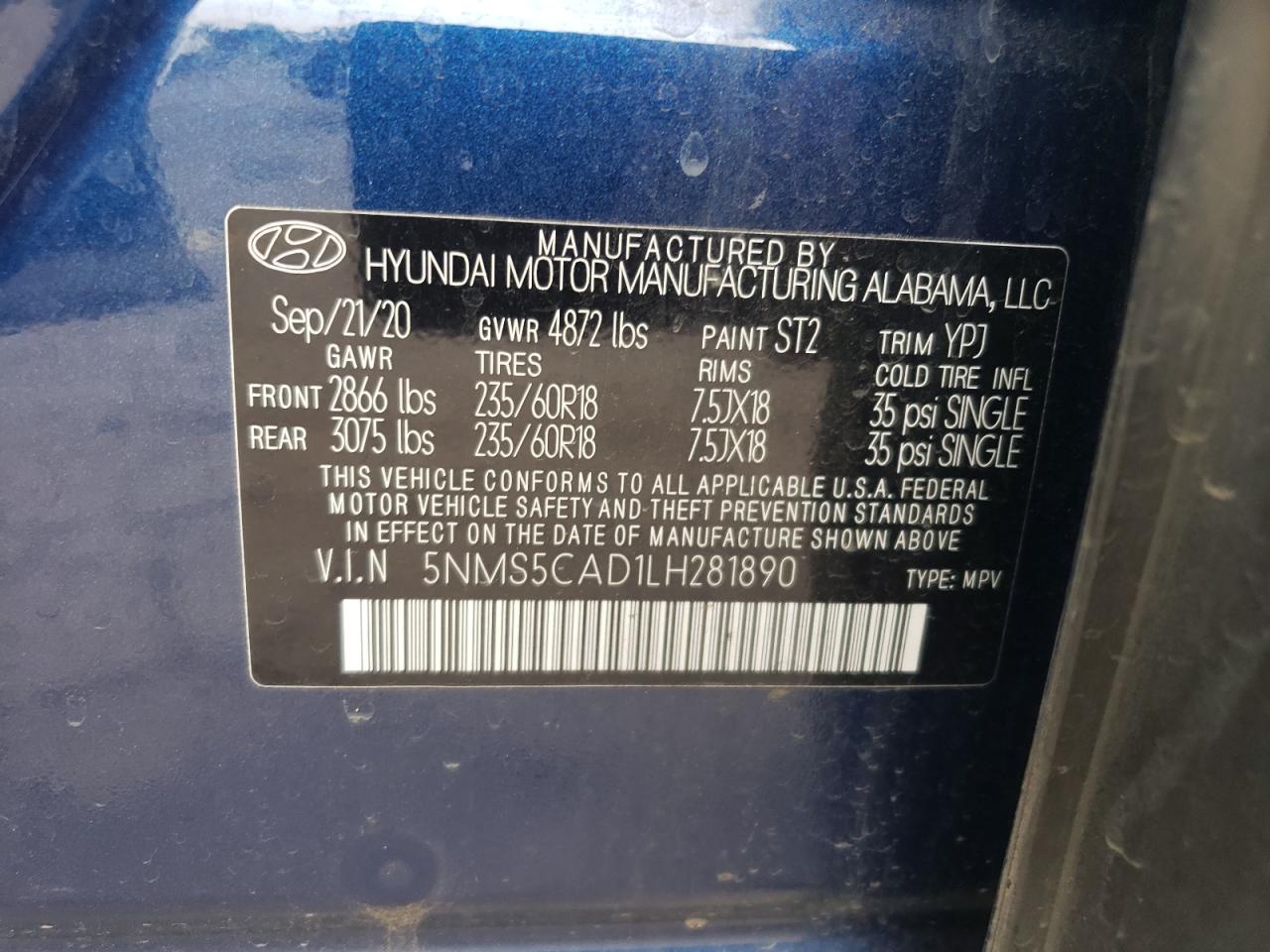 2020 Hyundai Santa Fe Limited VIN: 5NMS5CAD1LH281890 Lot: 62182645