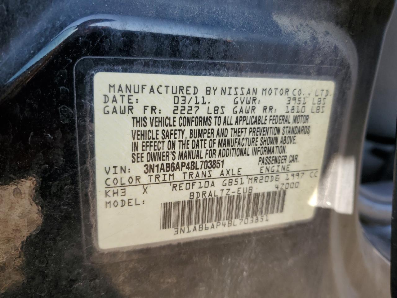 2011 Nissan Sentra 2.0 VIN: 3N1AB6AP4BL703851 Lot: 59160615