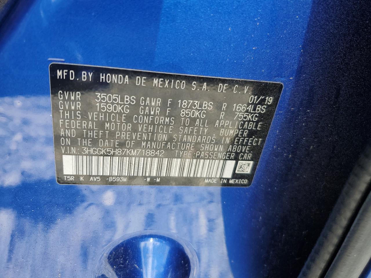 2019 Honda Fit Ex VIN: 3HGGK5H87KM718842 Lot: 61554175