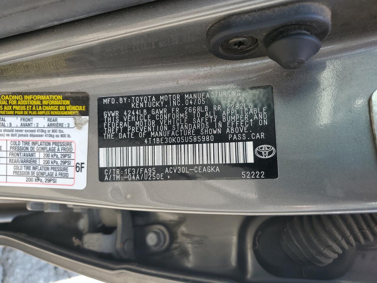 2005 Toyota Camry Le VIN: 4T1BE30K05U585980 Lot: 62596365