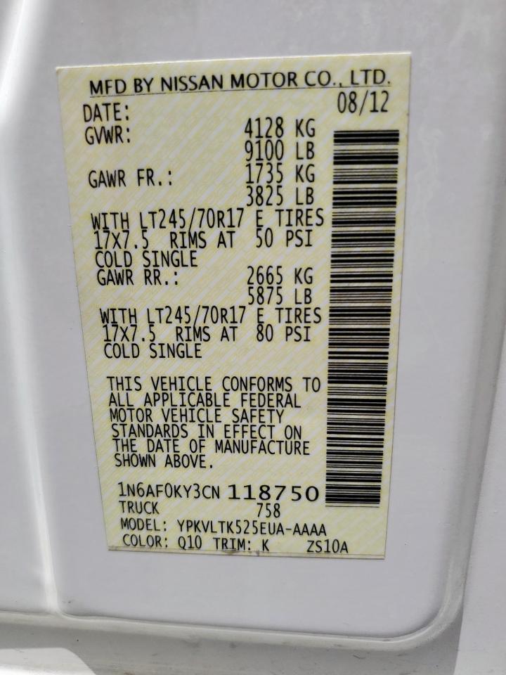 2012 Nissan Nv 2500 VIN: 1N6AF0KY3CN118750 Lot: 62489325