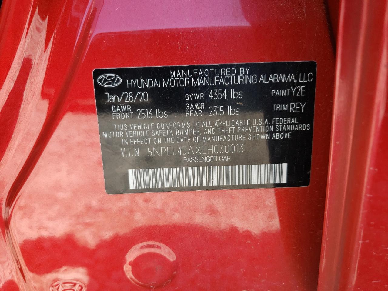 2020 Hyundai Sonata Sel VIN: 5NPEL4JAXLH030013 Lot: 62162555