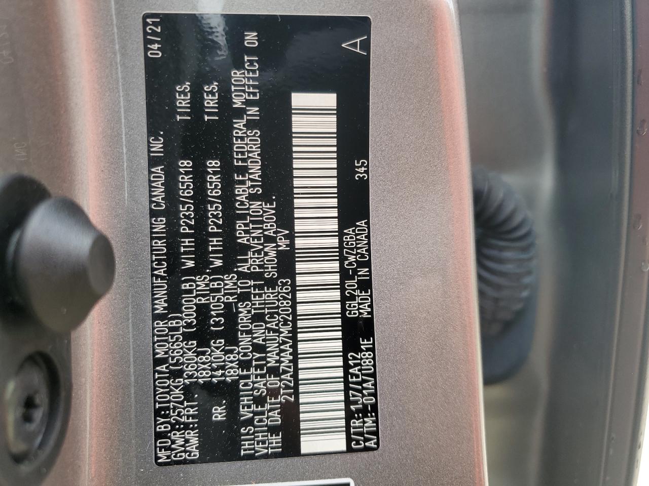 2021 Lexus Rx 350 Base VIN: 2T2AZMAA7MC208263 Lot: 62876405