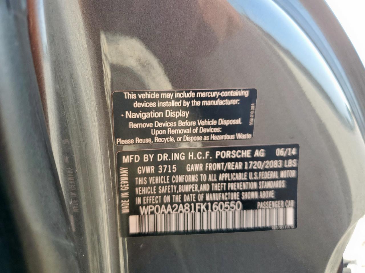2015 Porsche Cayman VIN: WP0AA2A81FK160550 Lot: 62758365