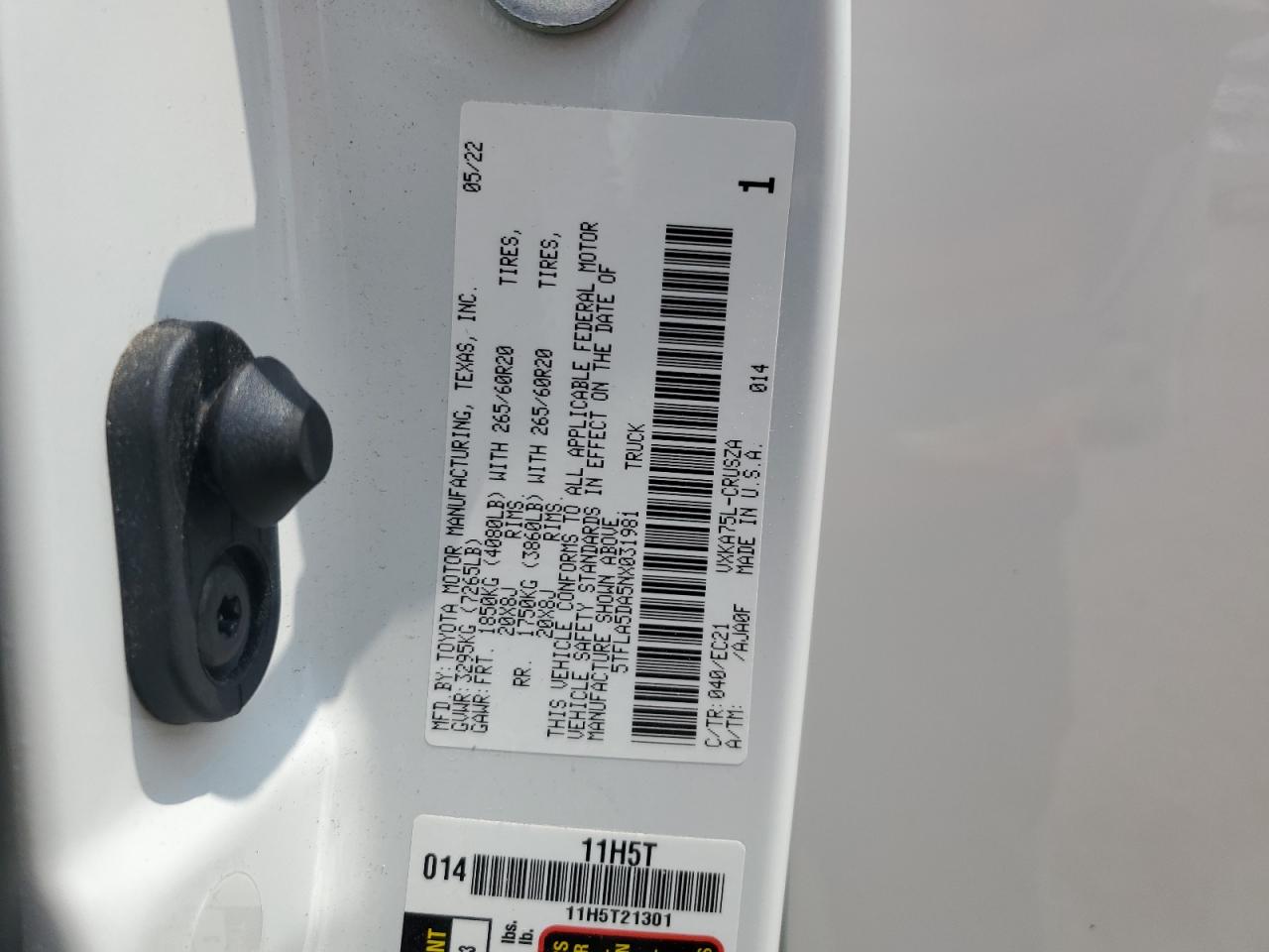 2022 Toyota Tundra Double Cab Sr VIN: 5TFLA5DA5NX031981 Lot: 58728245