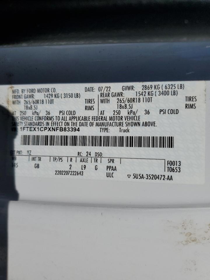 2022 Ford F150 Super Cab VIN: 1FTEX1CPXNFB83394 Lot: 61596475