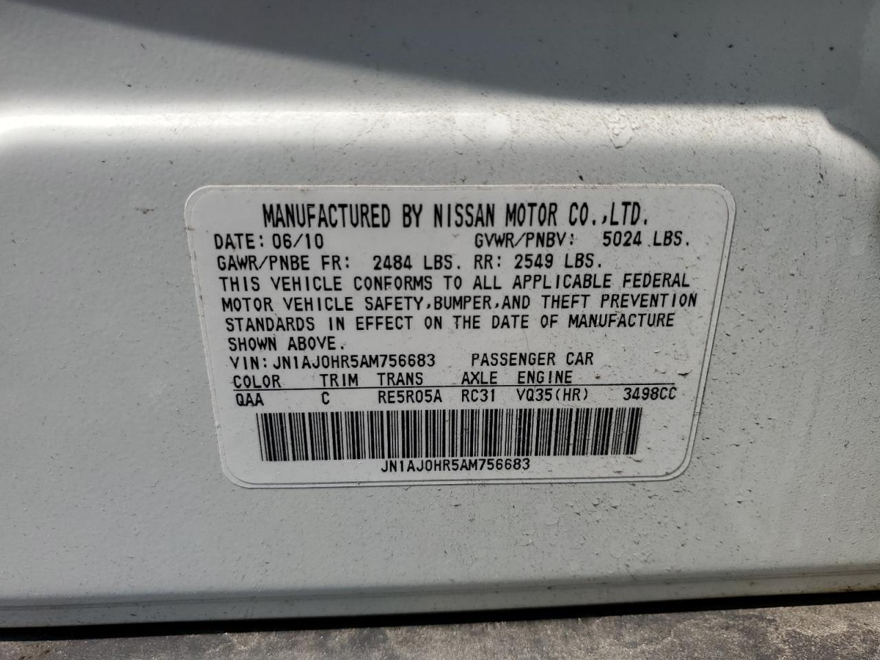2010 Infiniti Ex35 Base VIN: JN1AJ0HR5AM756683 Lot: 58924445