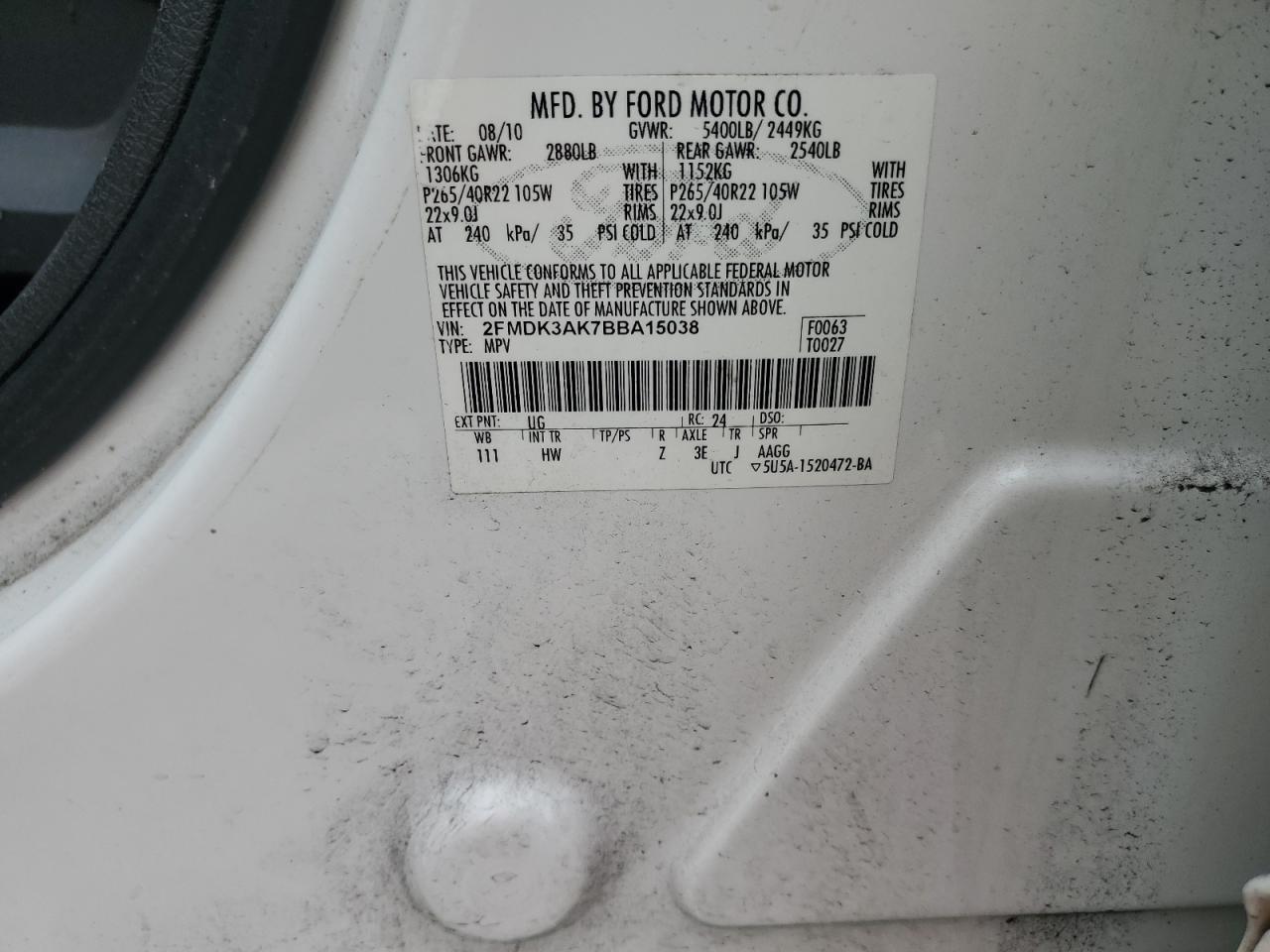2011 Ford Edge Sport VIN: 2FMDK3AK7BBA15038 Lot: 62828185