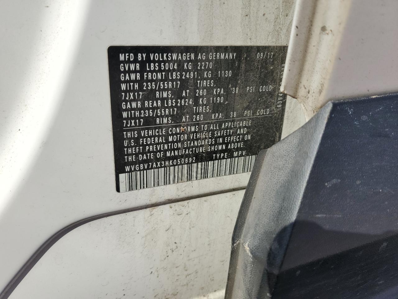 2017 Volkswagen Tiguan S VIN: WVGBV7AX3HK050692 Lot: 61791365