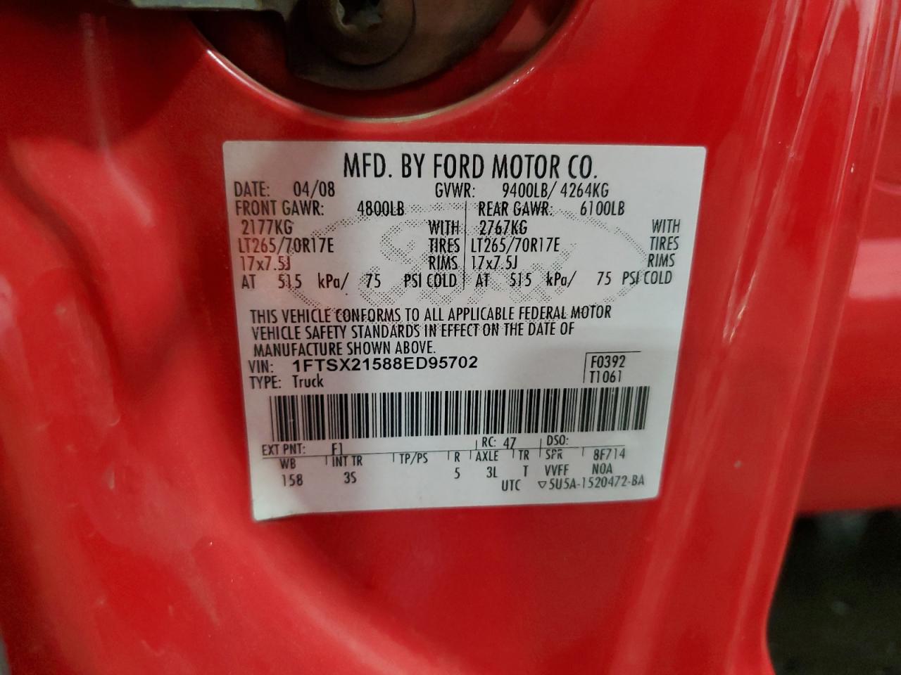2008 Ford F250 Super Duty VIN: 1FTSX21588ED95702 Lot: 59215035